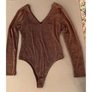 NWT SOCIALITE Womens Long Sleeve Sparkle V Neck‎ Bodysuit Bronze Gold Large